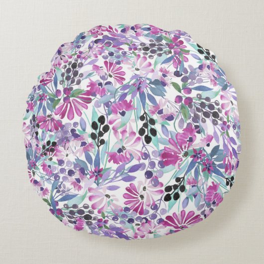 紫色の花と果実:水色 ラウンドクッション (正面)
