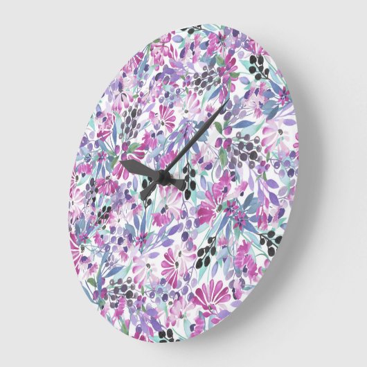 紫色の花と果実:水色 ラージ壁時計 (傾斜)