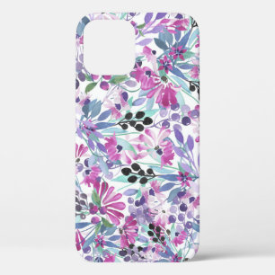 紫色の花と果実:水色 iPhone 12ケース