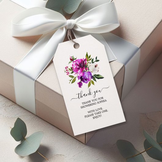 紫色の花と緑のブライダルシャワーギフトラベル ギフトタグ