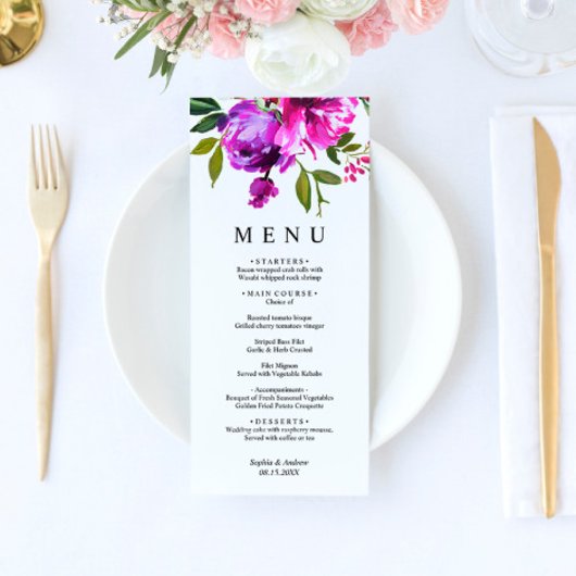 紫色の花と緑のレブのフローラ結婚 メニュー