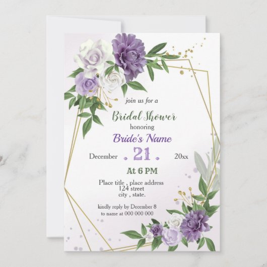 紫色の花と葉幾何ブライダルシャワー 招待状 (正面)