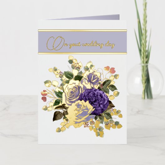 紫色の花と金ゴールドのアクセント結婚ズ 箔グリーティングカード (正面)