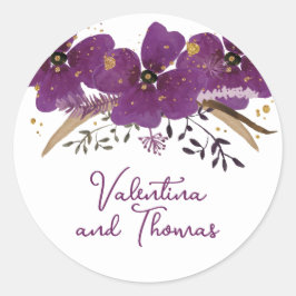 紫色の花と金ゴールドグリッター ラウンドシール