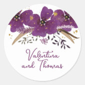 紫色の花と金ゴールドグリッター ラウンドシール (正面)