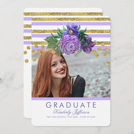 紫色の花と金ゴールドストライプのエレガント卒業 招待状 (正面/裏面)