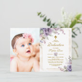 紫色の花と金ゴールドフレームフォトガール献身 招待状 (スタンド正面)