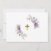 紫色の花と金ゴールドフレーム写真ガールバプテスマ 招待状 (裏面)