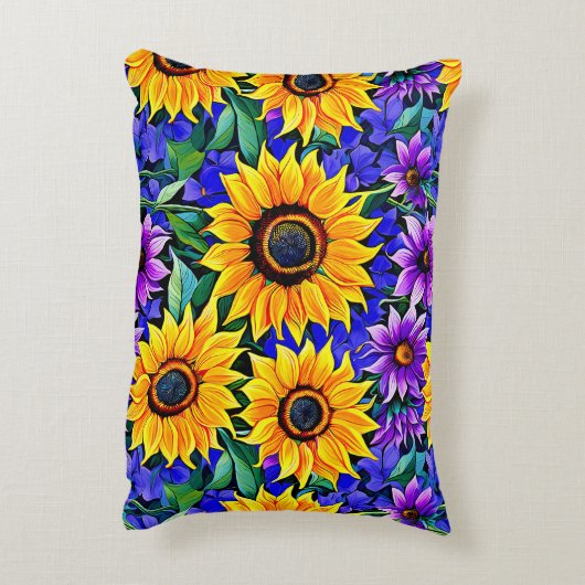 紫色の花と黄色のひまわりのフローラ アクセントクッション (裏面(縦))
