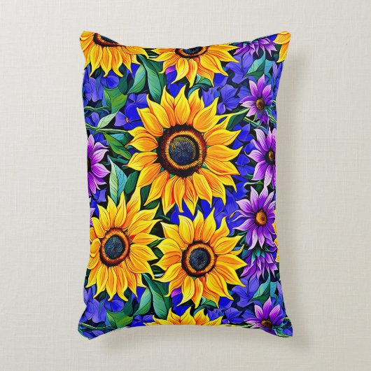 紫色の花と黄色のひまわりのフローラ アクセントクッション (正面(垂直))