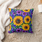 紫色の花と黄色のひまわりのフローラ クッション (ブランケット)