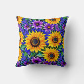 紫色の花と黄色のひまわりのフローラ クッション (裏面)