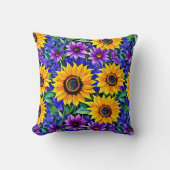 紫色の花と黄色のひまわりのフローラ クッション (正面)