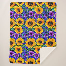 紫色の花と黄色のひまわりのフローラ シェルパブランケット