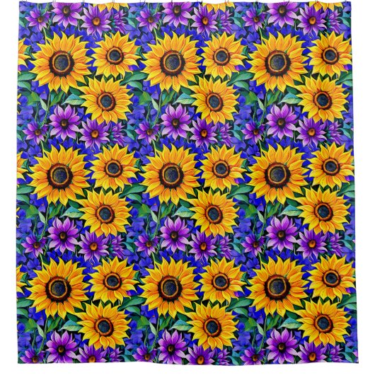 紫色の花と黄色のひまわりのフローラ シャワーカーテン (正面)