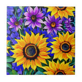 紫色の花と黄色のひまわりのフローラ タイル (正面)