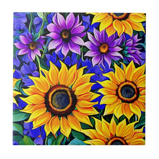 紫色の花と黄色のひまわりのフローラ タイル (正面)