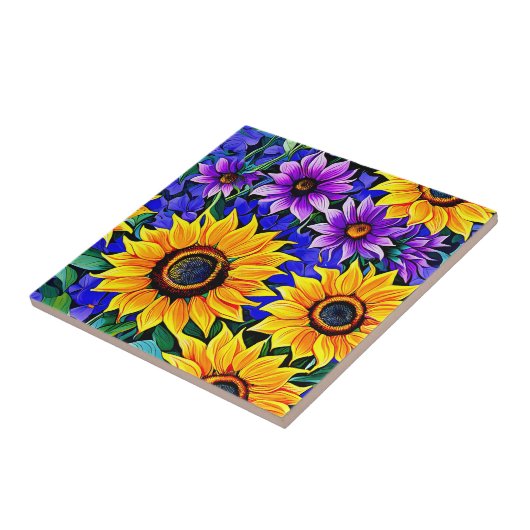 紫色の花と黄色のひまわりのフローラ タイル (側面)
