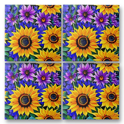 紫色の花と黄色のひまわりのフローラ タイル