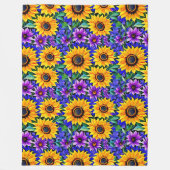 紫色の花と黄色のひまわりのフローラ フリースブランケット (正面)