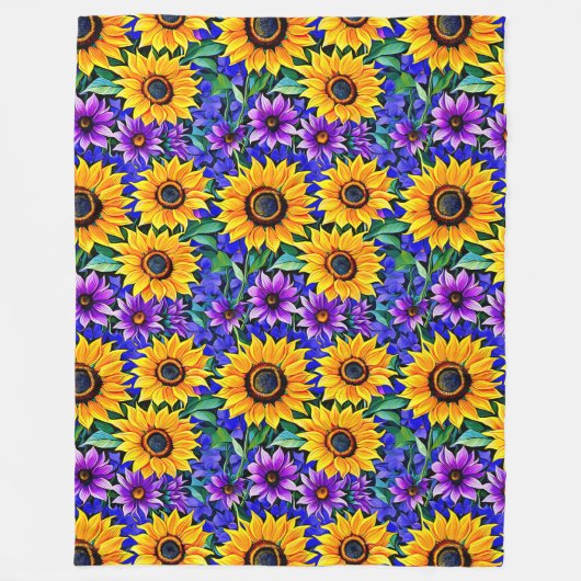 紫色の花と黄色のひまわりのフローラ フリースブランケット (正面)