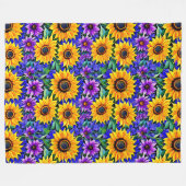 紫色の花と黄色のひまわりのフローラ フリースブランケット (正面(横))