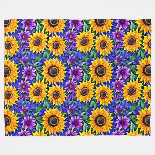 紫色の花と黄色のひまわりのフローラ フリースブランケット (正面(横))