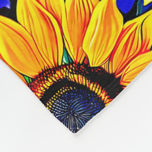 紫色の花と黄色のひまわりのフローラ フリースブランケット (角)