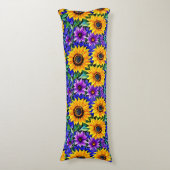 紫色の花と黄色のひまわりのフローラ ボディピロー (正面縦)