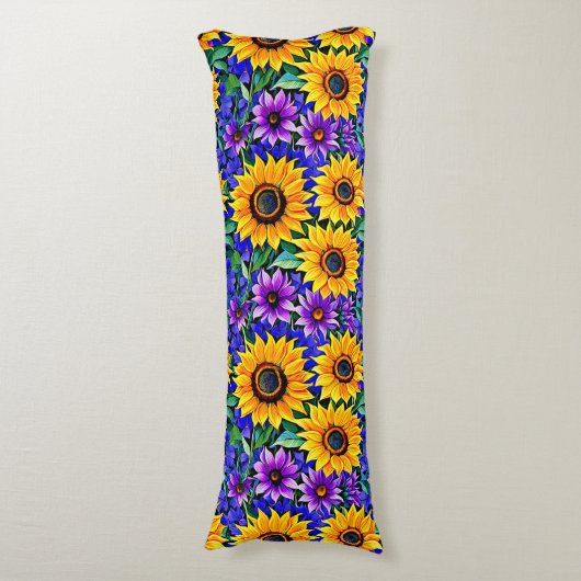 紫色の花と黄色のひまわりのフローラ ボディピロー (正面縦)