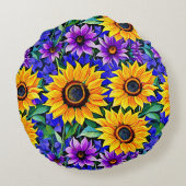 紫色の花と黄色のひまわりのフローラ ラウンドクッション (裏面)