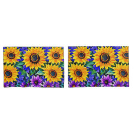 紫色の花と黄色のひまわりのフローラ 枕カバー