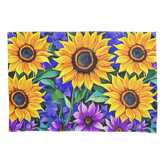 紫色の花と黄色のひまわりのフローラ 枕カバー (正面左)