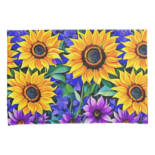 紫色の花と黄色のひまわりのフローラ 枕カバー (正面右)
