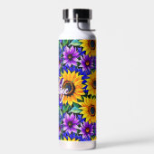 紫色の花と黄色のひまわりパーソナライズされた ウォーターボトル (左面)