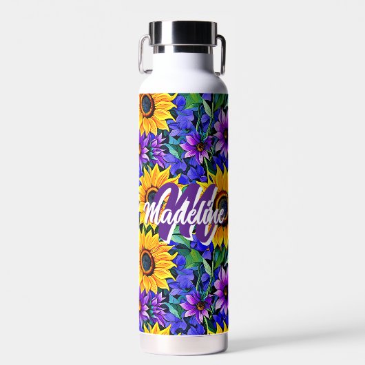 紫色の花と黄色のひまわりパーソナライズされた ウォーターボトル (正面)