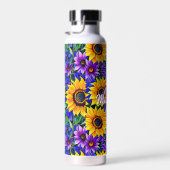 紫色の花と黄色のひまわりパーソナライズされた ウォーターボトル (右面)