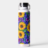 紫色の花と黄色のひまわりパーソナライズされた ウォーターボトル (背面)