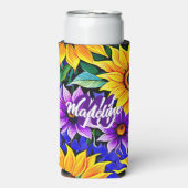 紫色の花と黄色のひまわりパーソナライズされた スリム缶クーラー (Seltzer正面)