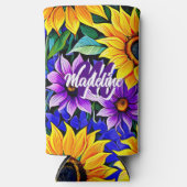 紫色の花と黄色のひまわりパーソナライズされた スリム缶クーラー (正面)