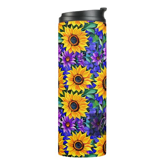 紫色の花と黄色のひまわりパーソナライズされた タンブラー (回転左)