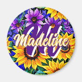 紫色の花と黄色のひまわりパーソナライズされた マグネット (正面)