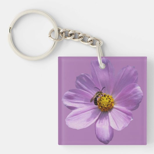 紫色の花にミツバチ キーホルダー (正面)