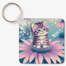 紫色の花に座る子猫のキーホルダー