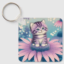 紫色の花に座る子猫のキーホルダー キーホルダー