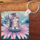 紫色の花に座る子猫のキーホルダー キーホルダー (裏面)
