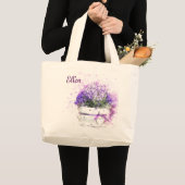 紫色の花のかわいらしいポット。 フェミニン ラージトートバッグ (正面(商品))