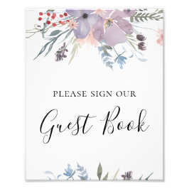 紫色の花のゲストブックサイン。ボタニッ結婚クス フォトプリント           