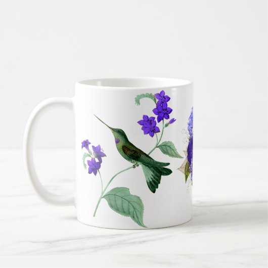 紫色の花のコーヒーマグとハミングバード コーヒーマグカップ (左)