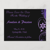 紫色の花のスクロール作業日付カードの保存 案内ポストカード (裏面)